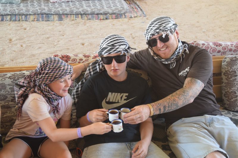 Tea break in the shade at the camp
